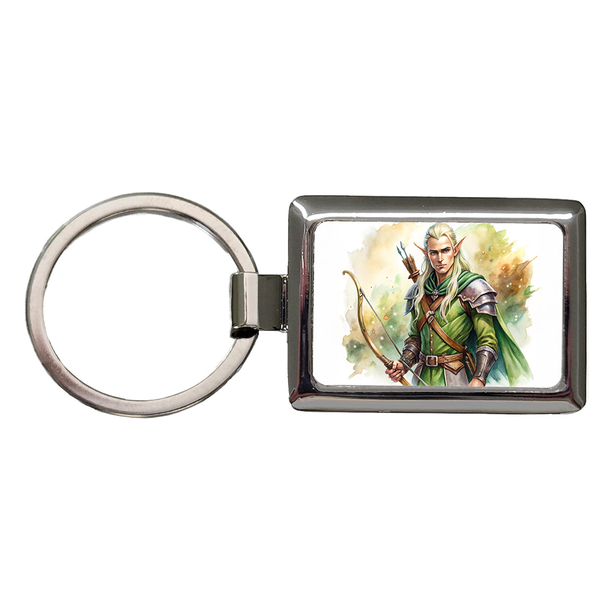 Fantasy Male Elven Ranger Archer Warrior Watercolor Rectangle Metal Keychain