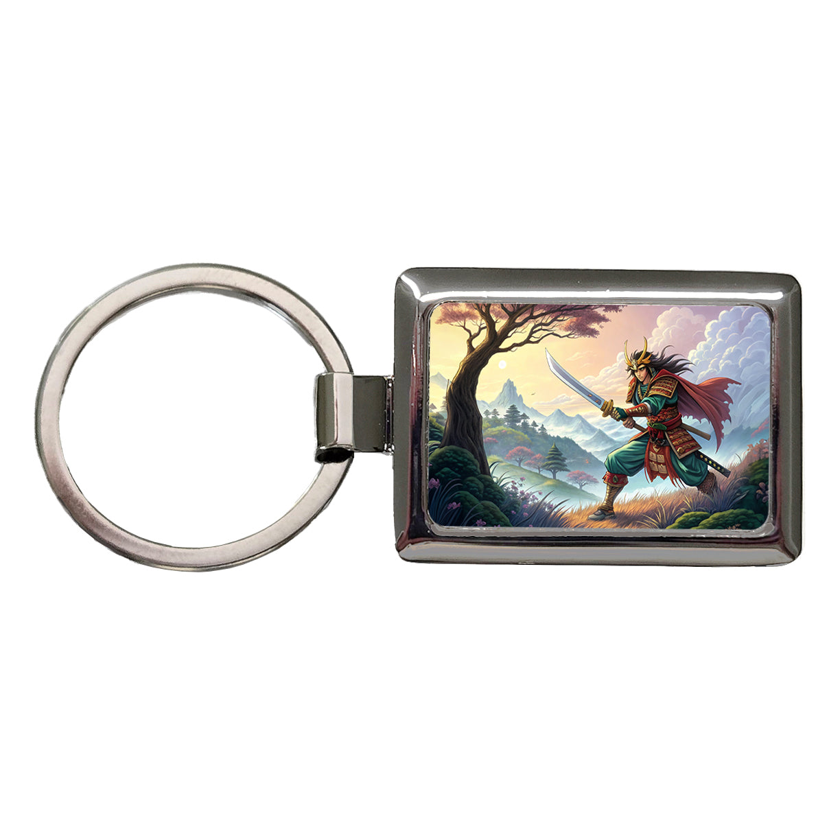 Fantasy Warrior with Sword Classic Japanese Anime Style Rectangle Metal Keychain