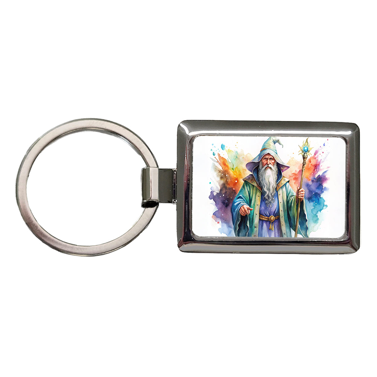 Fantasy Wizard Magician Magic User Watercolor Rectangle Metal Keychain