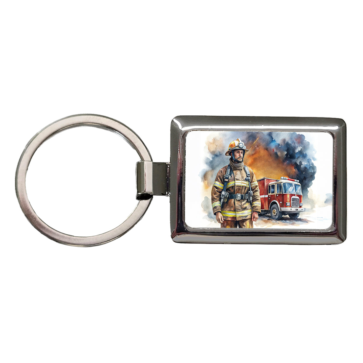 Firefighter and Fire Engine Watercolor Rectangle Metal Keychain