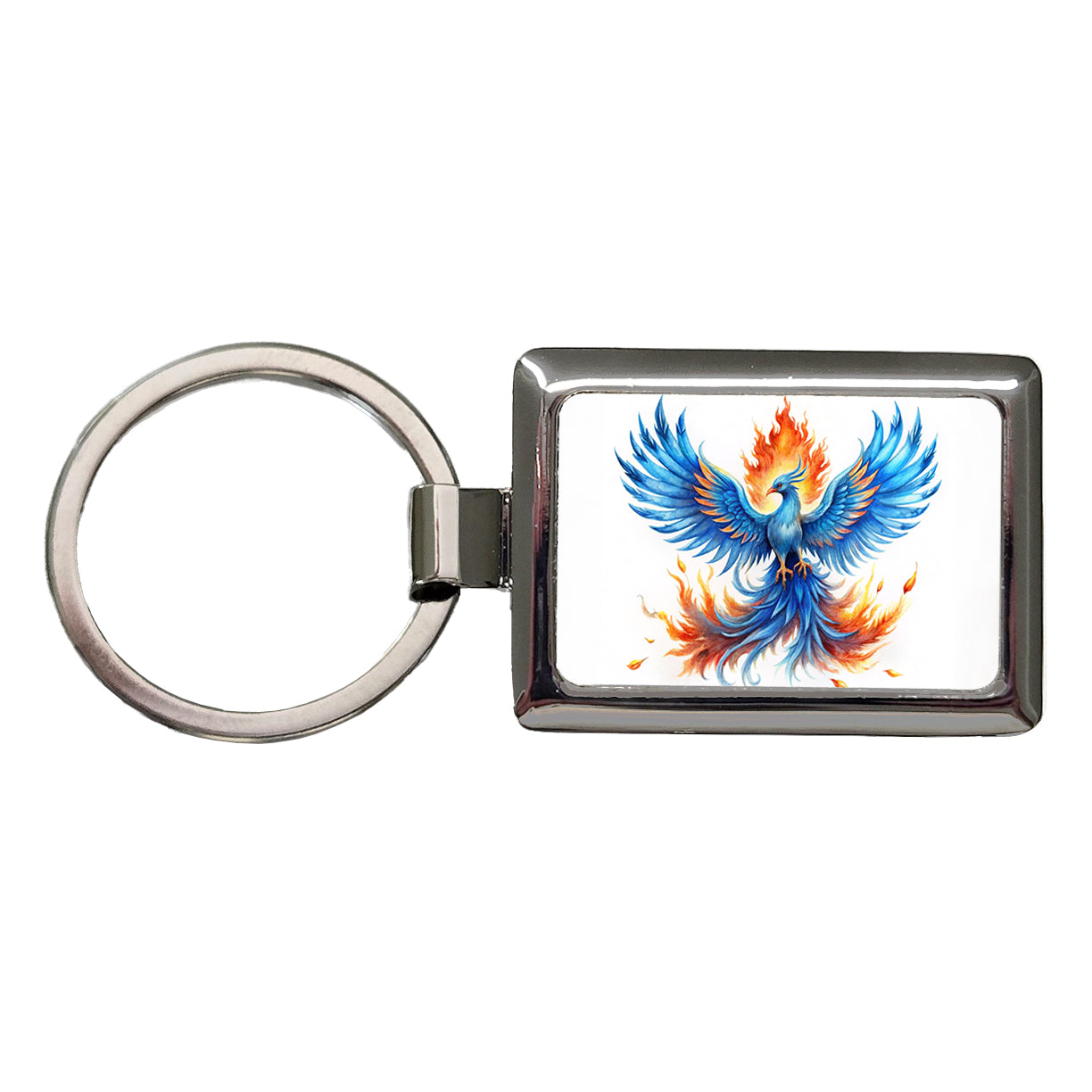 Flaming Blue Phoenix Rising Fantasy Watercolor Rectangle Metal Keychain