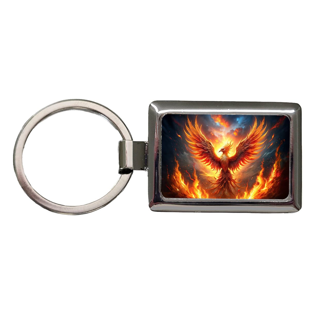 Flaming Phoenix Rising From Ashes Fantasy Bird Rectangle Metal Keychain