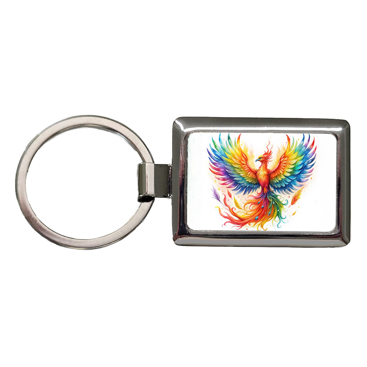 Flaming Rainbow Phoenix Rising Fantasy Watercolor Rectangle Metal Keychain