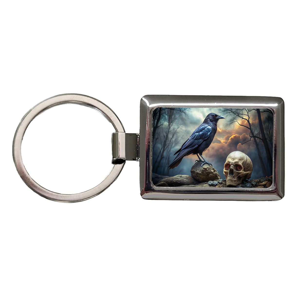Gothic Raven Death Skull Halloween Rectangle Metal Keychain