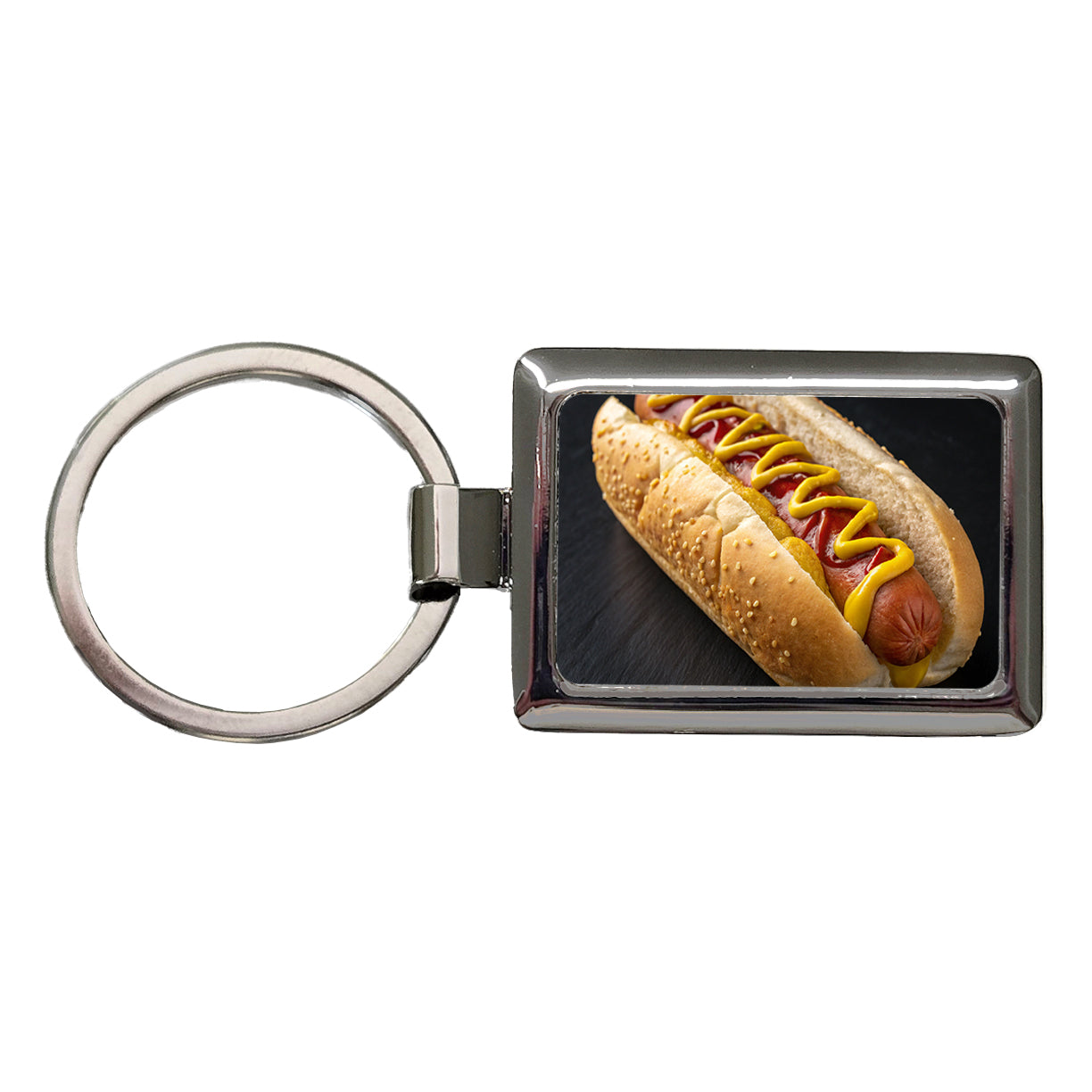 Hot Dog In Bun With Mustard and Ketchup Rectangle Metal Keychain