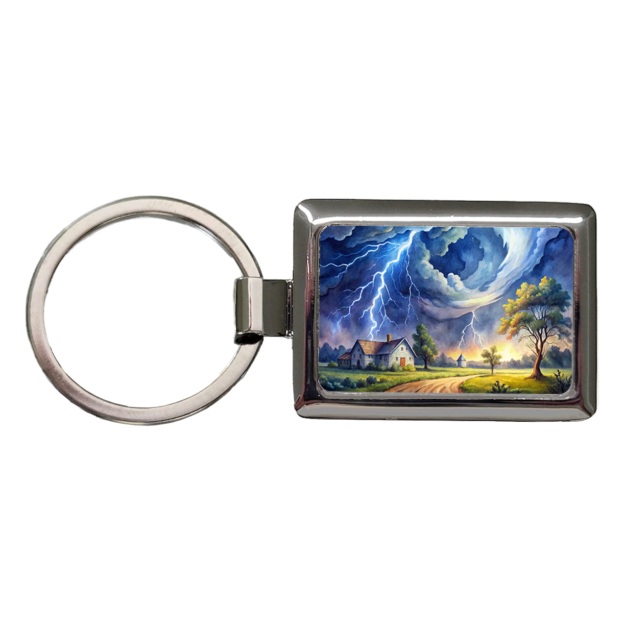Hurricane and Lightning At Night in the Country Watercolor Rectangle Metal Keychain