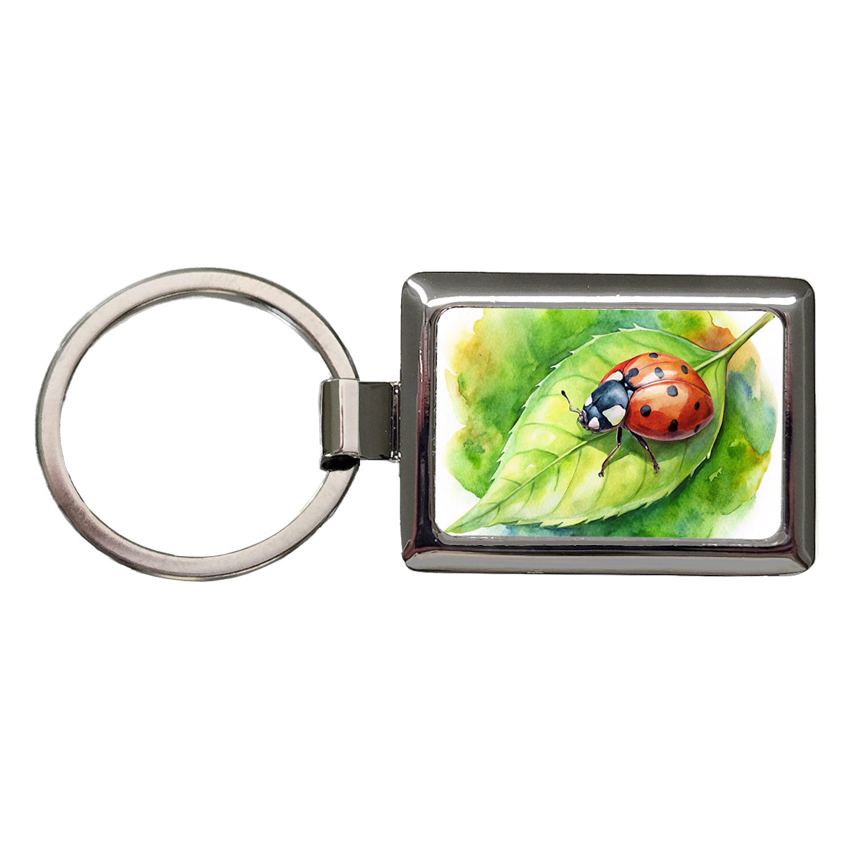 Ladybug On Leaf Watercolor Rectangle Metal Keychain