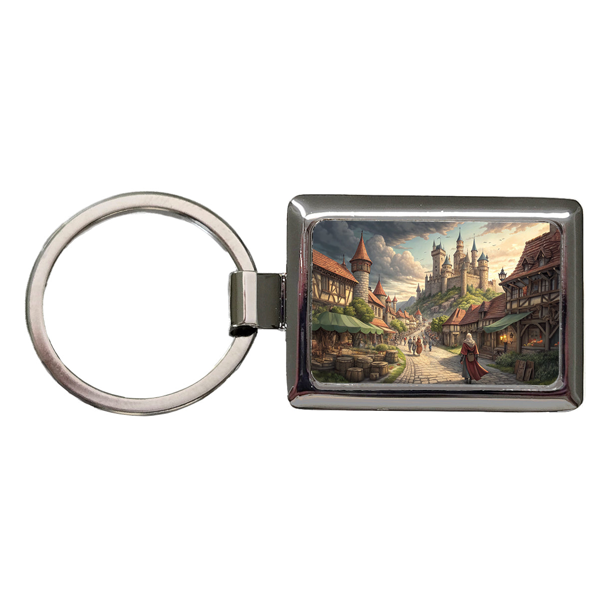 Medieval Kingdom Village with Castle Rectangle Metal Keychain