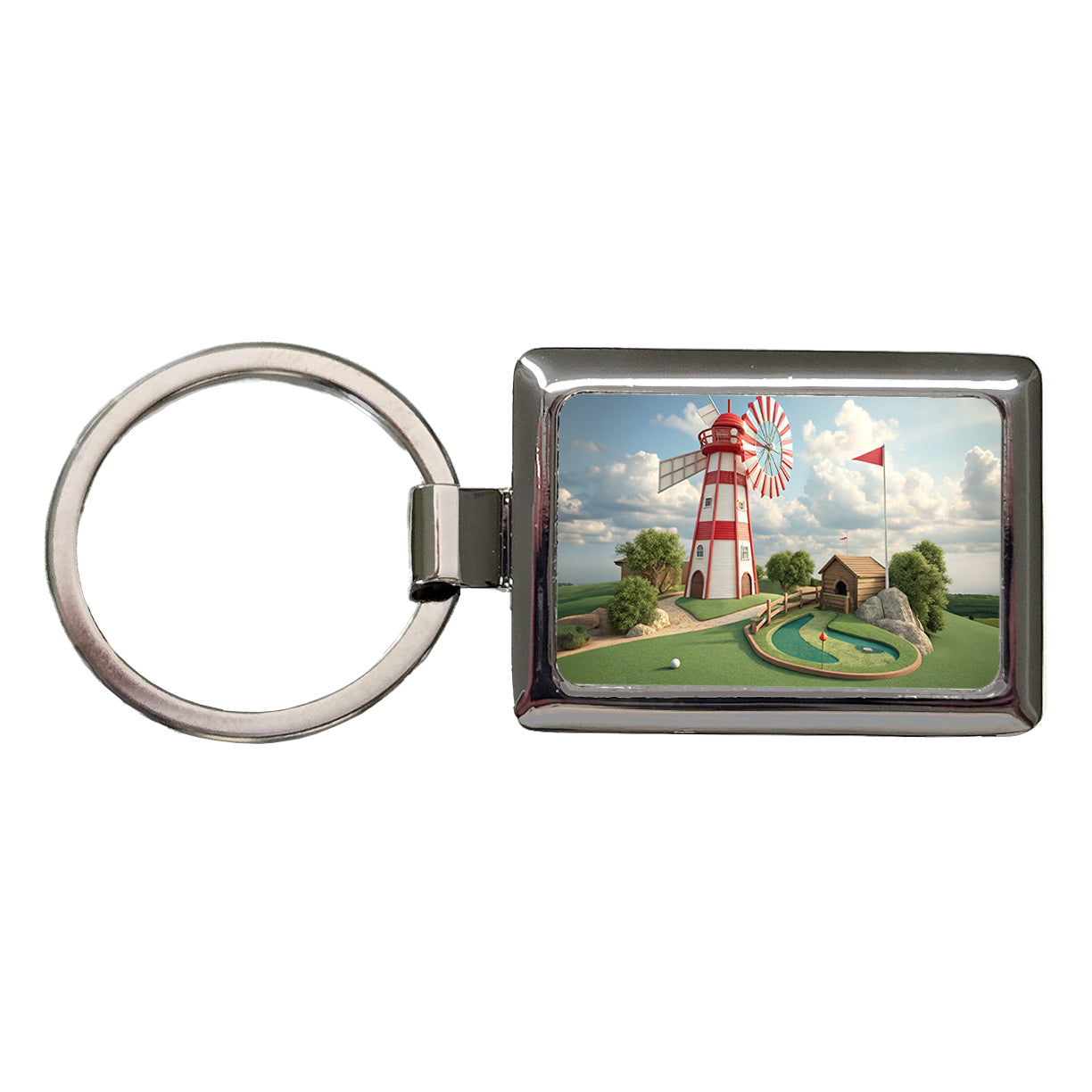 Miniature Golf Course Windmill Rectangle Metal Keychain