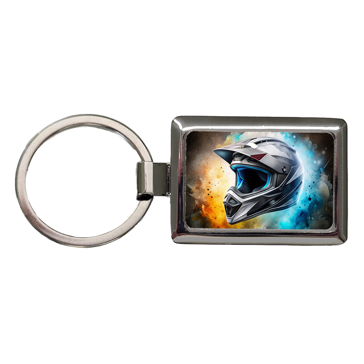 Motocross Racing Bike Helmet Black Watercolor Rectangle Metal Keychain