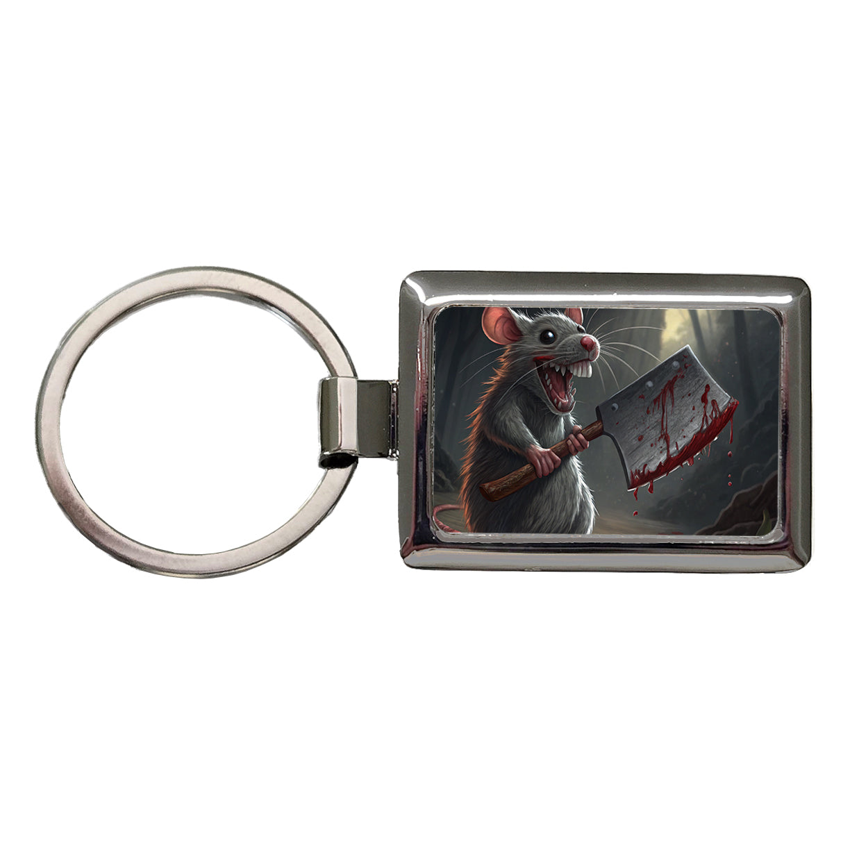 Mouse Holding A Bloody Meat Cleaver Halloween Scary Rectangle Metal Keychain