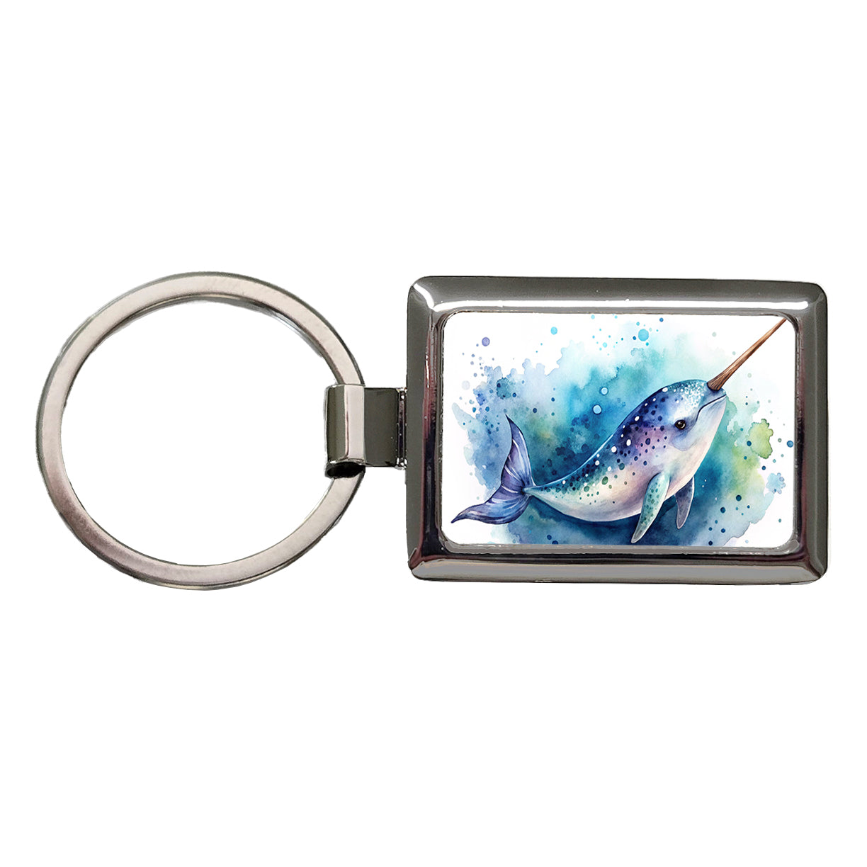 Narwhal Swimming Unicorn of the Sea Watercolor Rectangle Metal Keychain