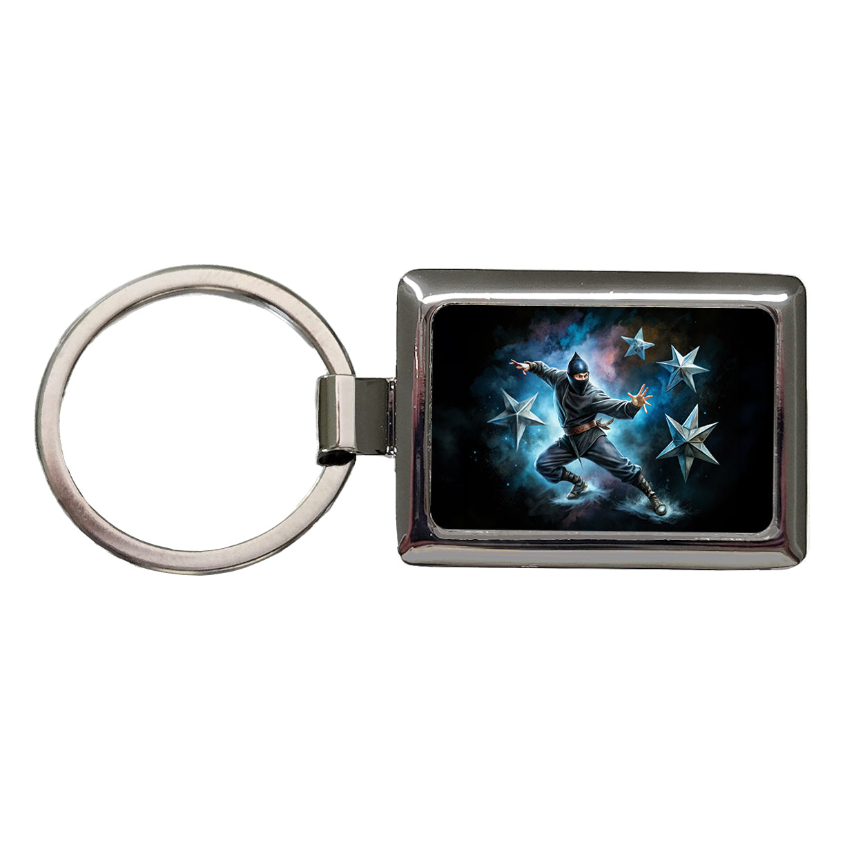 Ninja Warrior Throwing Stars Black Watercolor Rectangle Metal Keychain