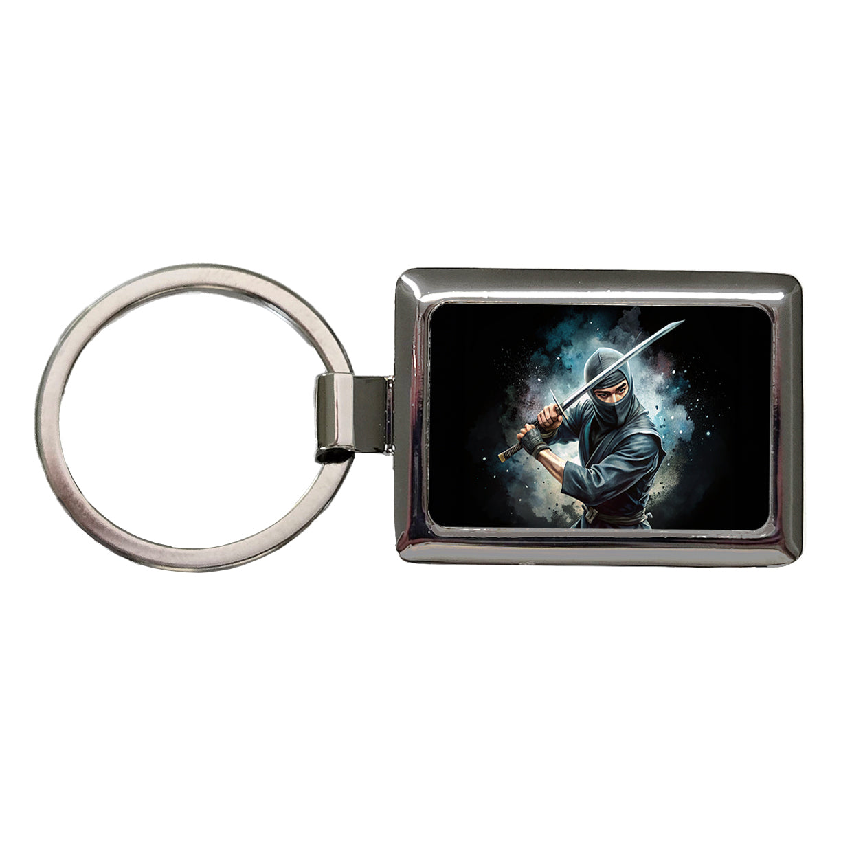 Ninja With Katana Black Watercolor Rectangle Metal Keychain