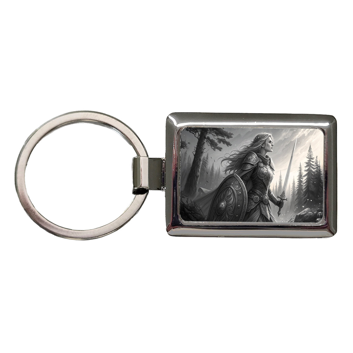 Nordic Viking Fantasy Woman Warrior Black And White Rectangle Metal Keychain