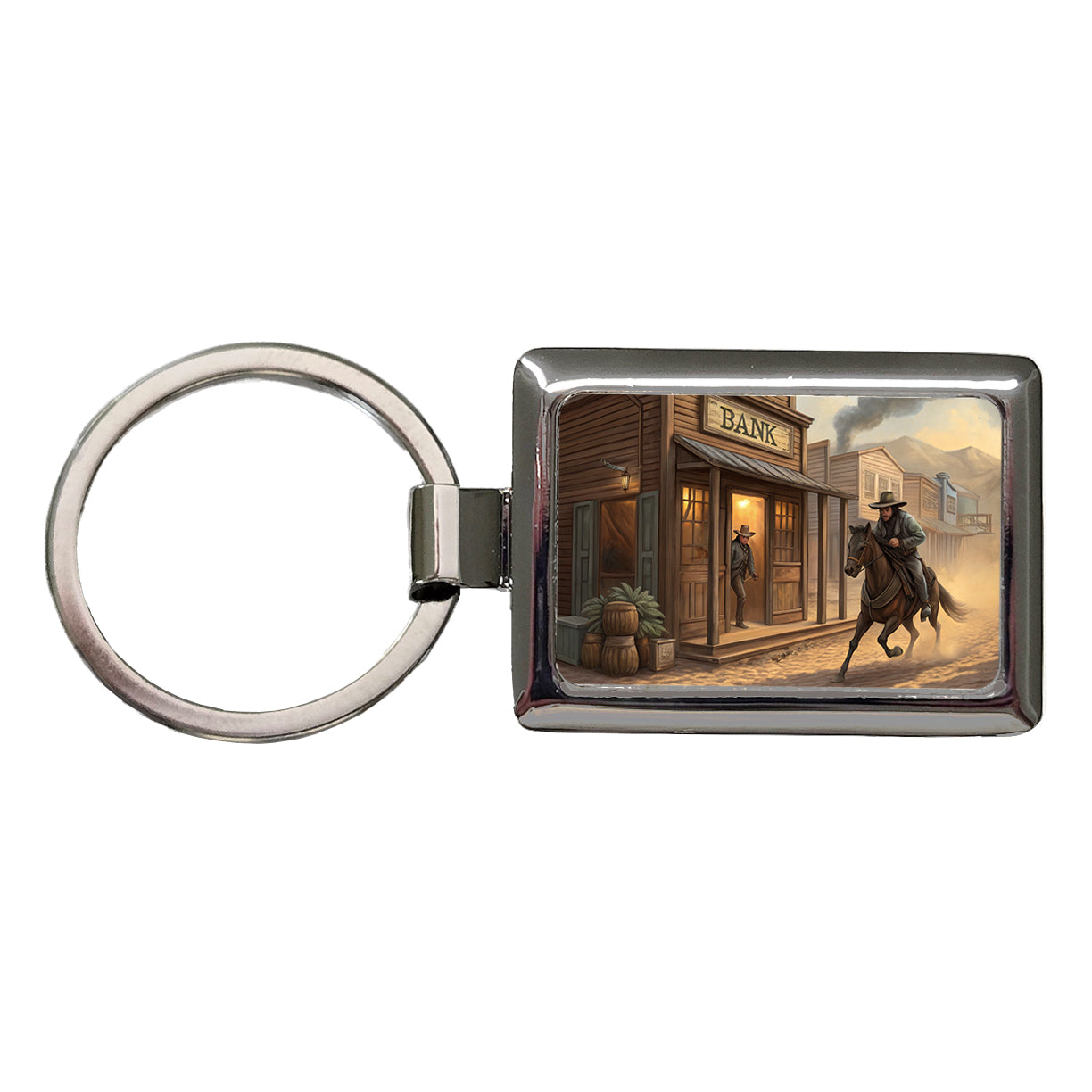 Old West Bank Robbery Western Rectangle Metal Keychain