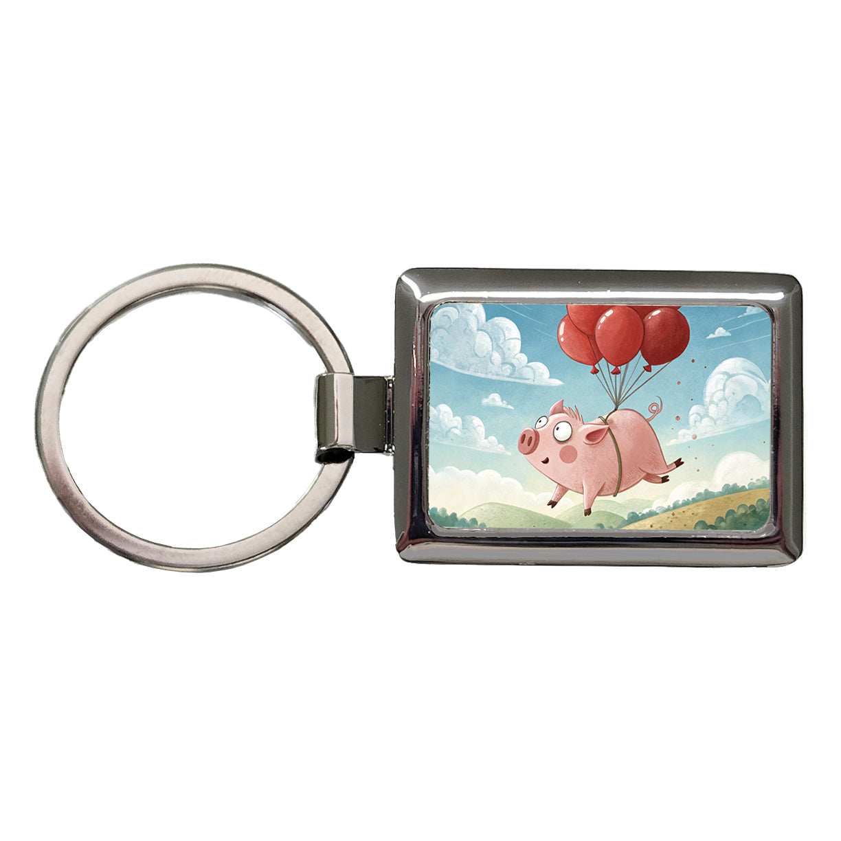 Pig Floating Through Sky Hanging From Red Balloons Rectangle Metal Keychain