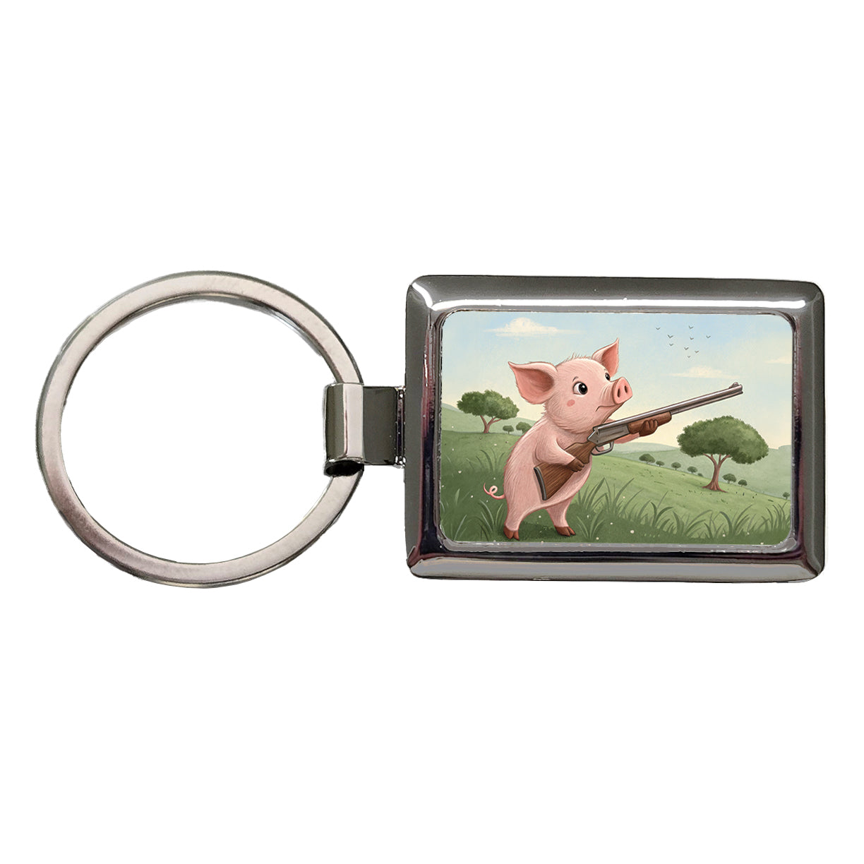 Pink Pig With A Shotgun Rectangle Metal Keychain