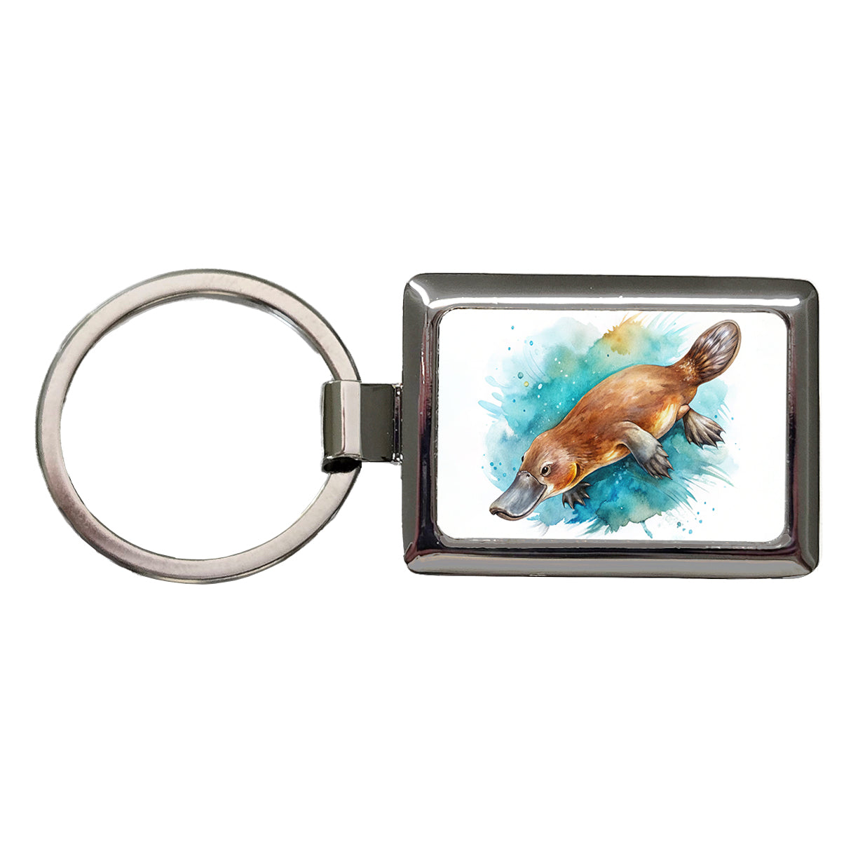 Platypus Swimming Watercolor Rectangle Metal Keychain