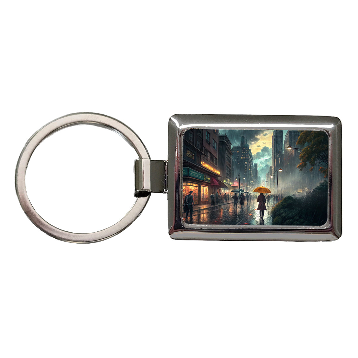Rain Storm In The City at Night Rectangle Metal Keychain