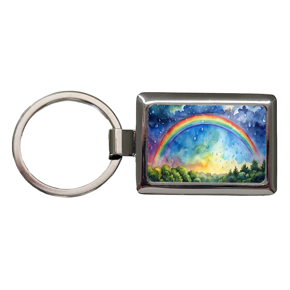 Rainbow After Rain Storm Watercolor Rectangle Metal Keychain