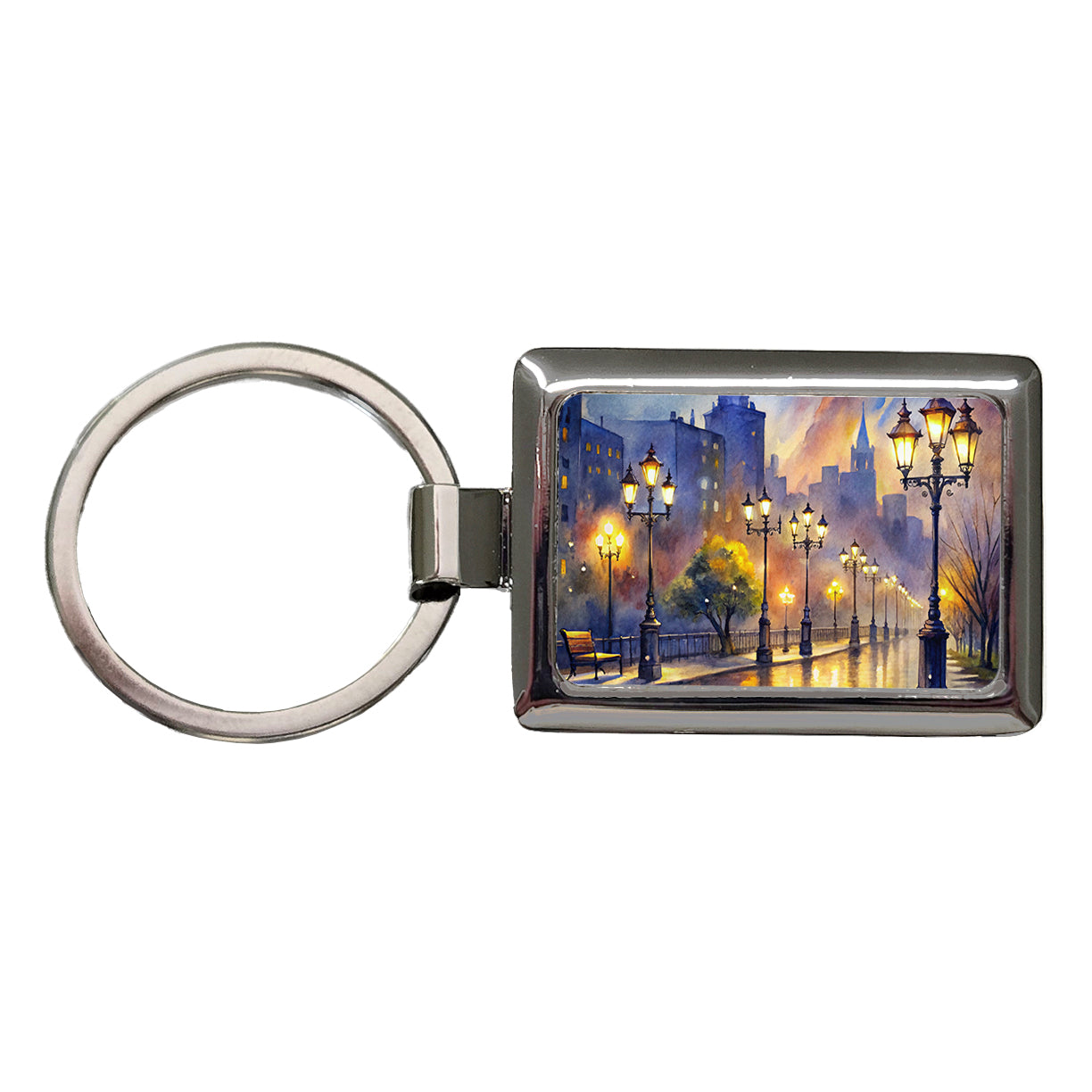 Raining In The City At Night Watercolor Rectangle Metal Keychain