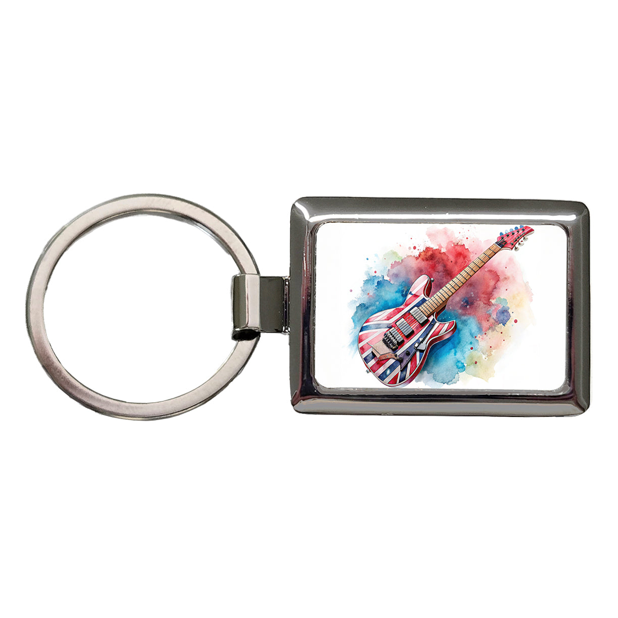 Red White Blue Rock and Roll Guitar Watercolor Rectangle Metal Keychain