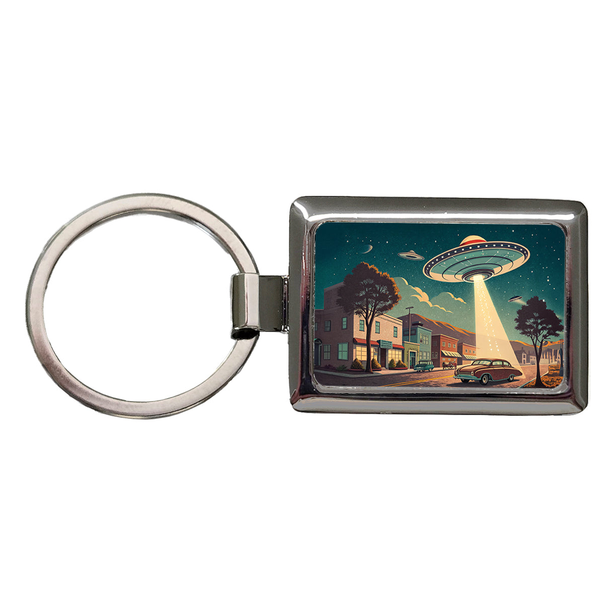 Retro Sci-fi 50's Poster Art Flying Saucer Rectangle Metal Keychain