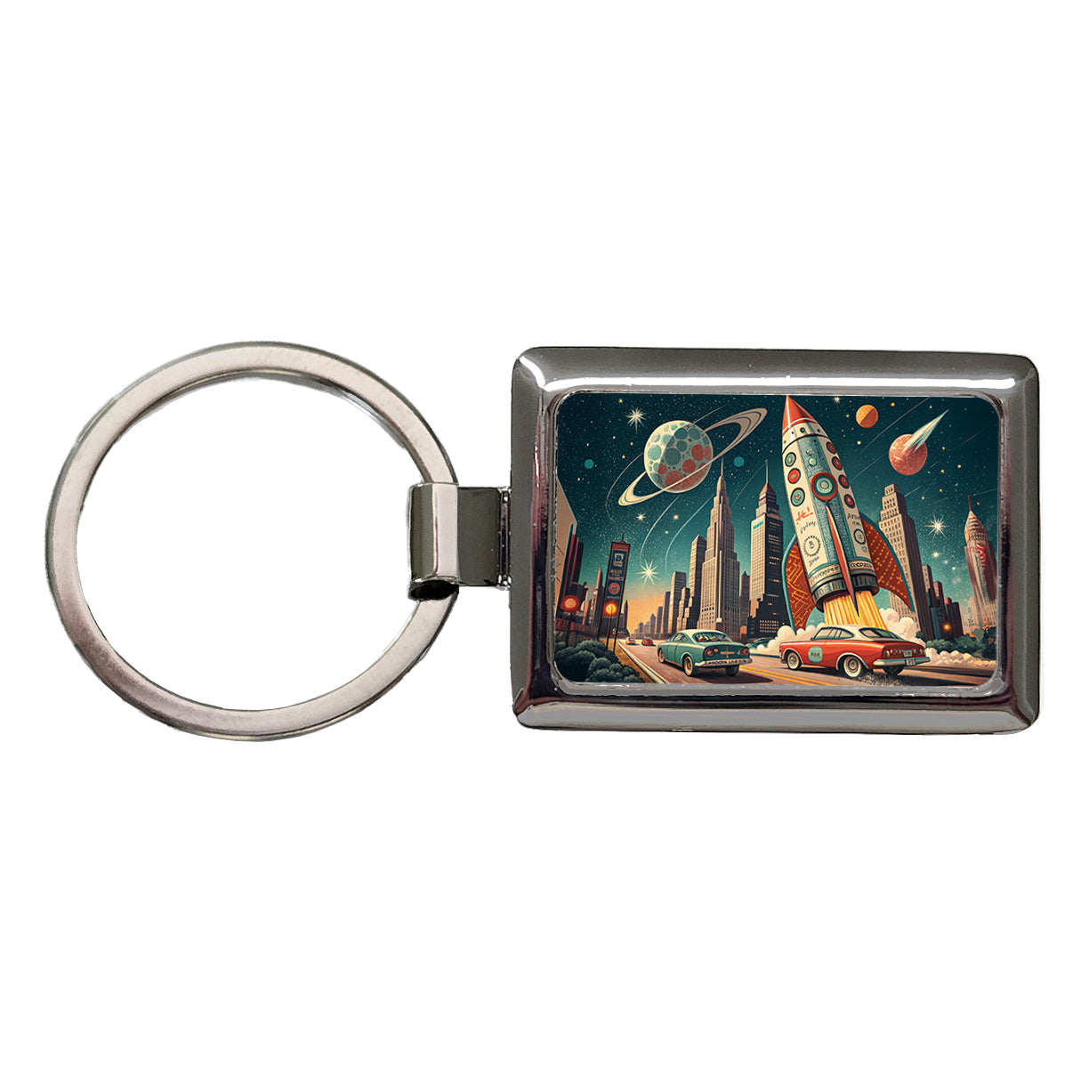 Retro Sci-fi 60's Poster Art Rocket Rectangle Metal Keychain
