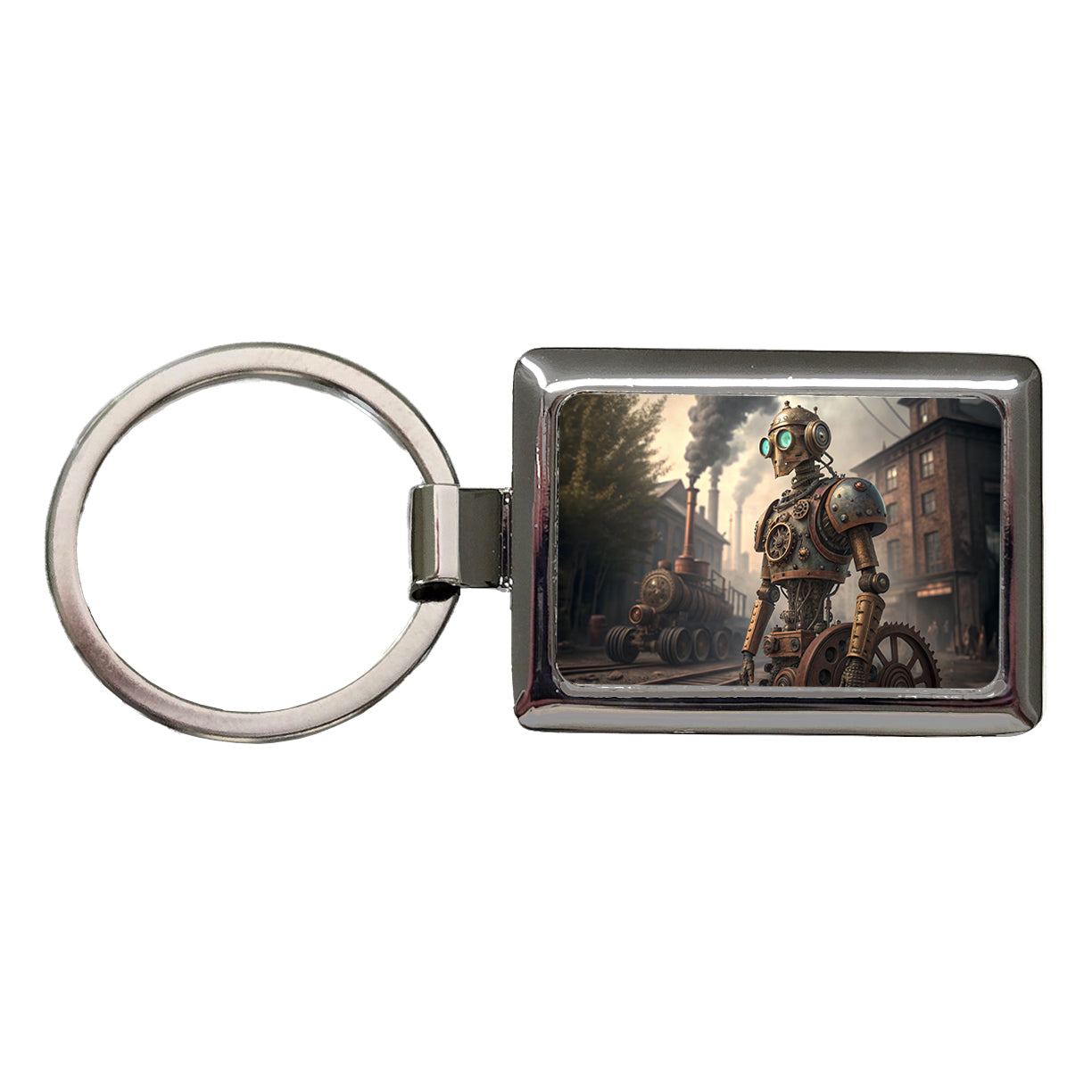 Retro Steampunk Factory Robot Android Rectangle Metal Keychain