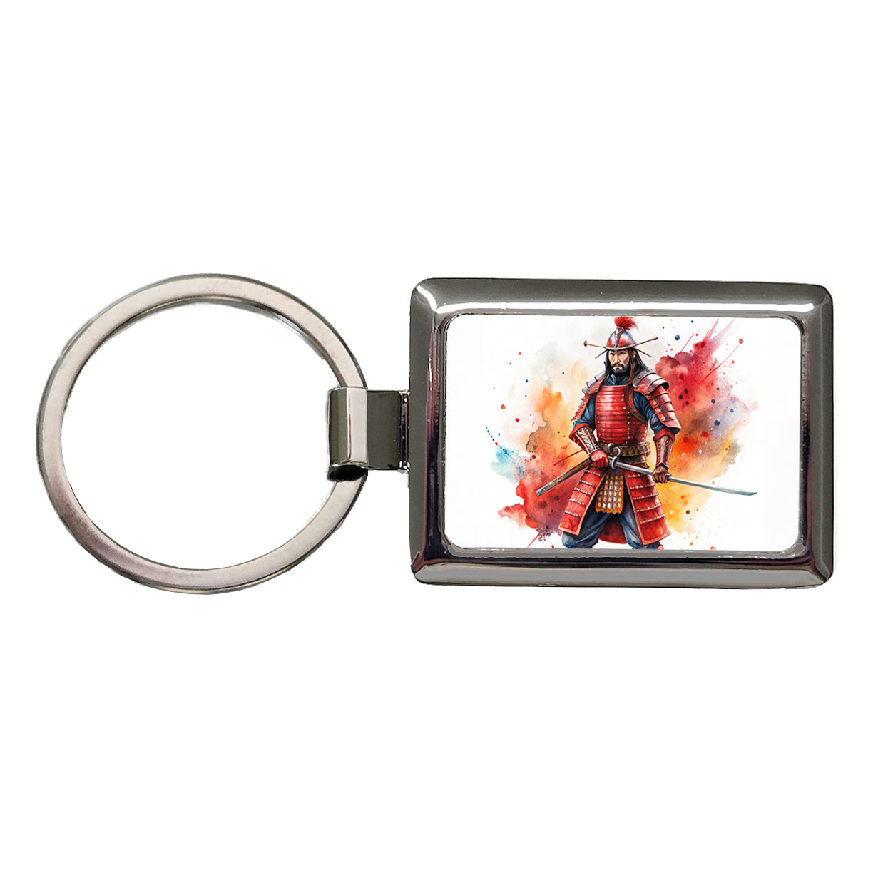Samurai With Katana And Red Armor Watercolor Rectangle Metal Keychain
