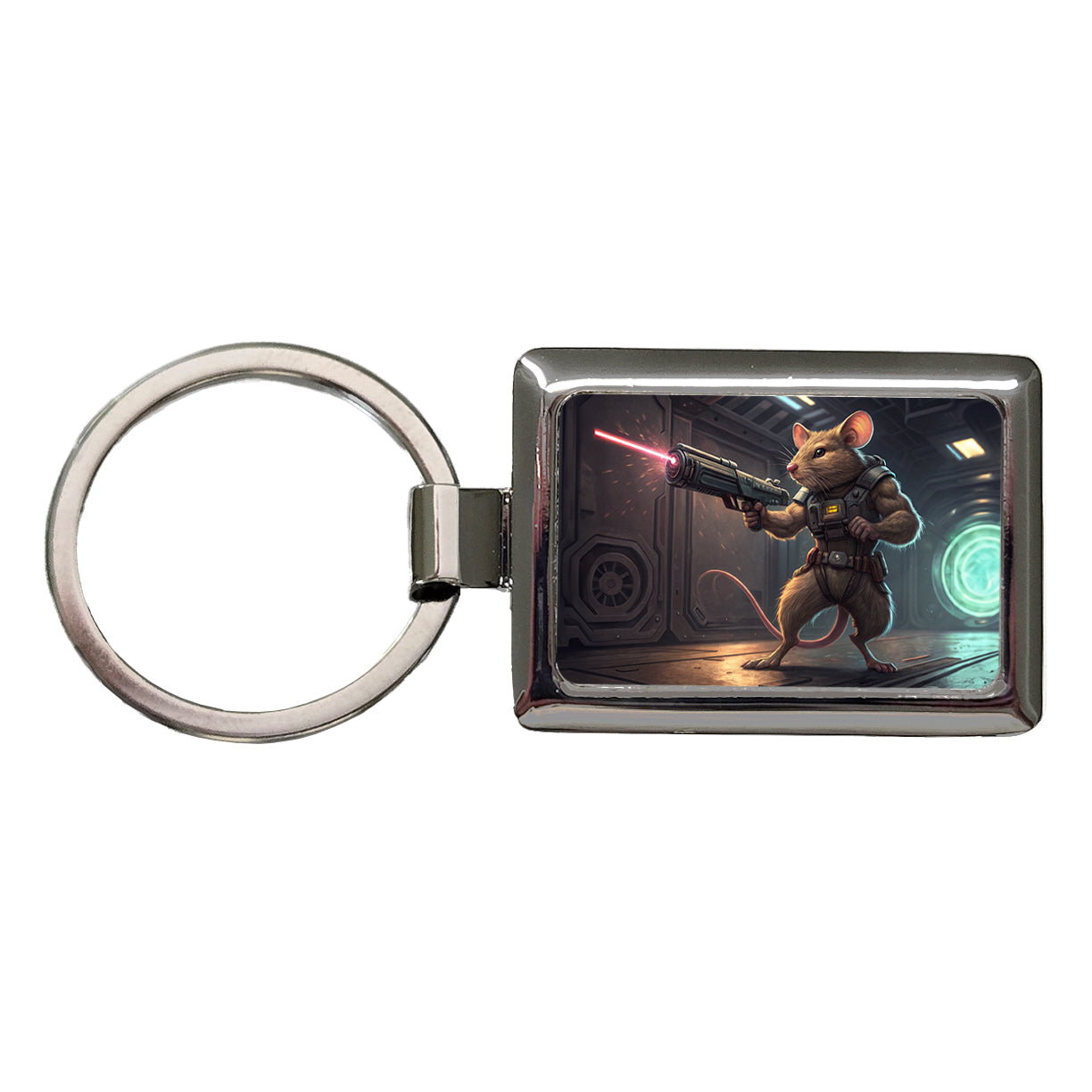 Sci-fi Action Hero Mouse With Laser Gun Rectangle Metal Keychain
