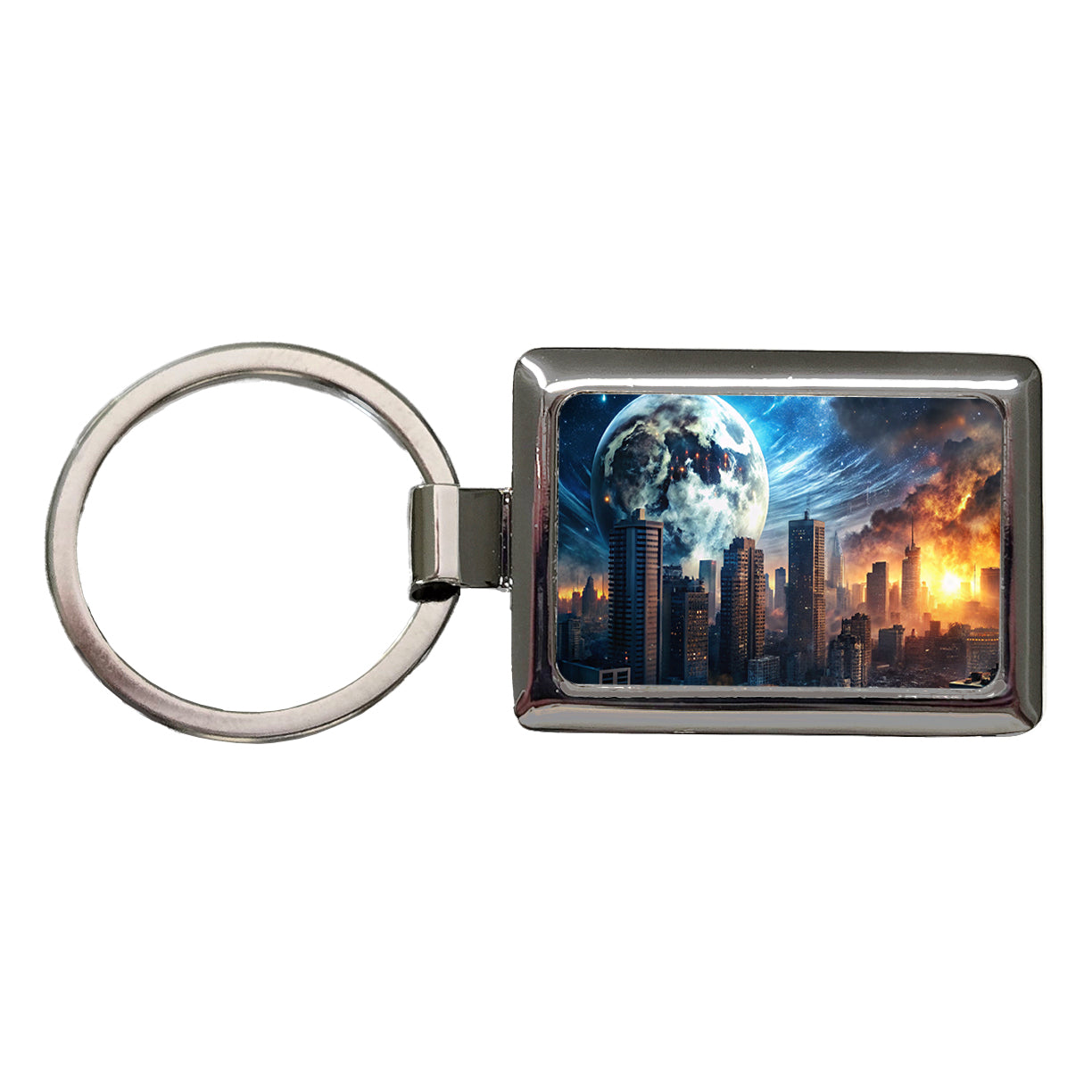 Sci-fi Apocalypse Cityscape City At Night Under a Large Full Moon Rectangle Metal Keychain