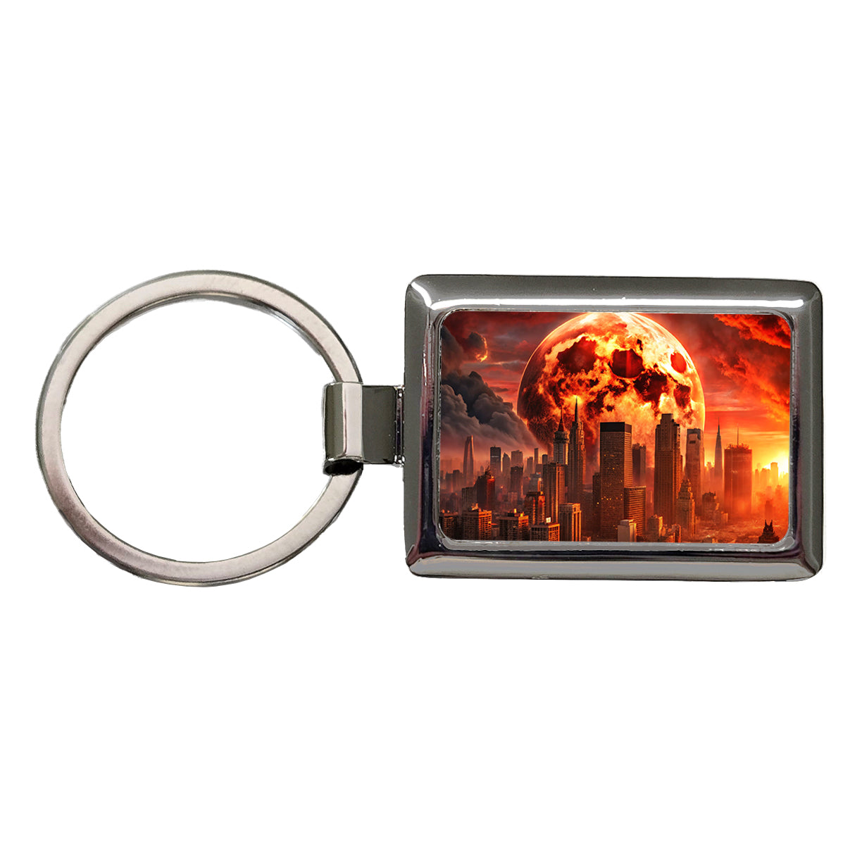 Sci-fi Apocalypse Cityscape Under A Red Full Moon Rectangle Metal Keychain