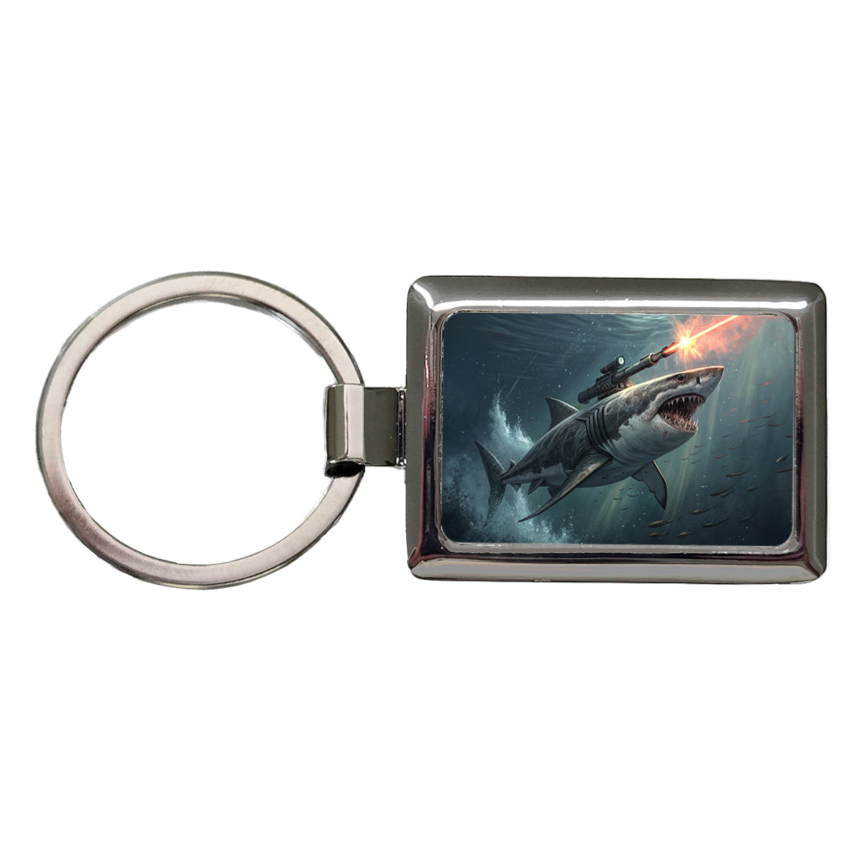 Shark With Laser Gun Mounted On Its Back Rectangle Metal Keychain