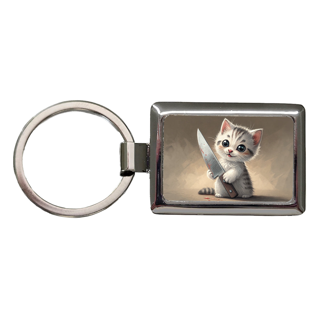 Small Cute Cat Kitten with a Butcher Knife Funny Rectangle Metal Keychain