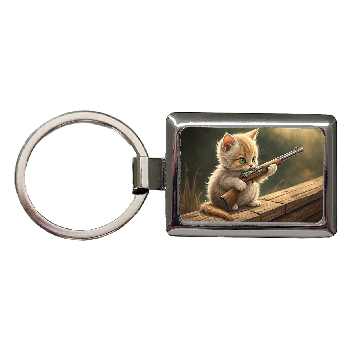 Small Cute Fuzzy Cat Kitten with a Shotgun Funny Rectangle Metal Keychain