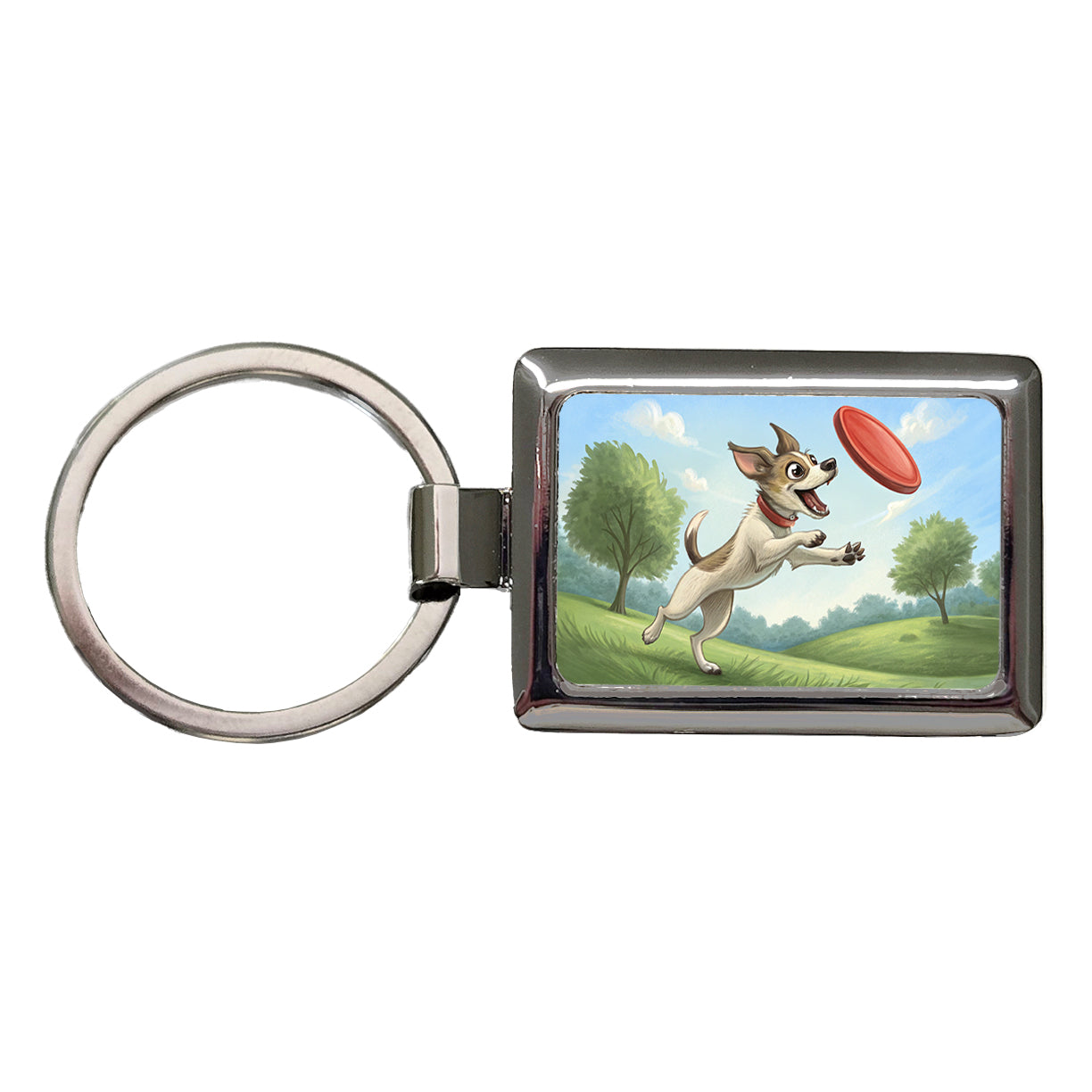 Small Dog Catching a Flying Disc Rectangle Metal Keychain