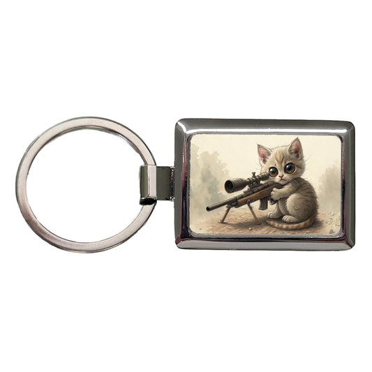 Small Fuzzy Cat Kitten With A Sniper Rifle Funny Rectangle Metal Keychain