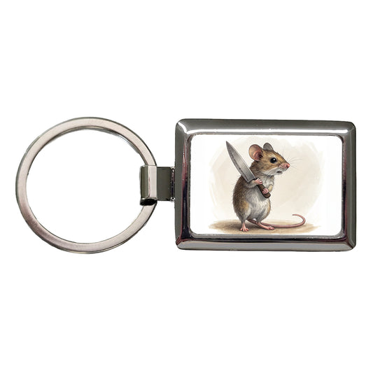 Small Mouse Holding A Butcher Knife Funny Scary Halloween Rectangle Metal Keychain