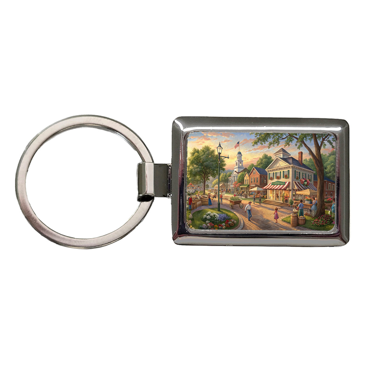 Small Town Americana Scene Rectangle Metal Keychain
