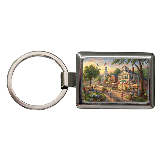 Small Town Americana Scene Rectangle Metal Keychain