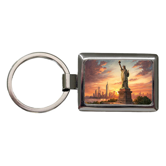 Statue Of Liberty During Sunset New York City Rectangle Metal Keychain