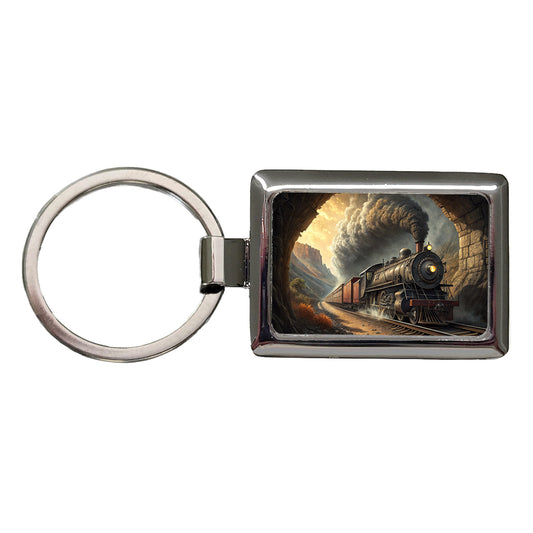 Steam Locomotive Coming Through Tunnel Old West Rectangle Metal Keychain