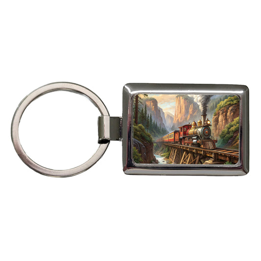 Steam Locomotive Crossing Gorge Old West Western Rectangle Metal Keychain