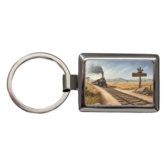 Steam Locomotive Train Crossing Old West Western Rectangle Metal Keychain