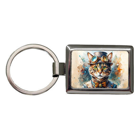 Steampunk Cat Hat and Goggles Watercolor Rectangle Metal Keychain