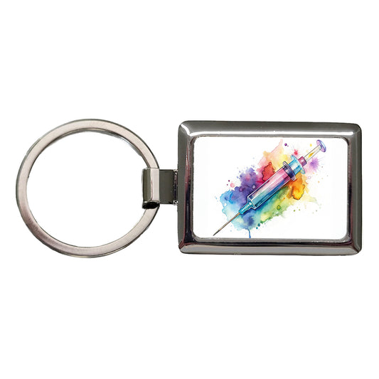 Syringe Shot Medical Vaccine Watercolor Rectangle Metal Keychain