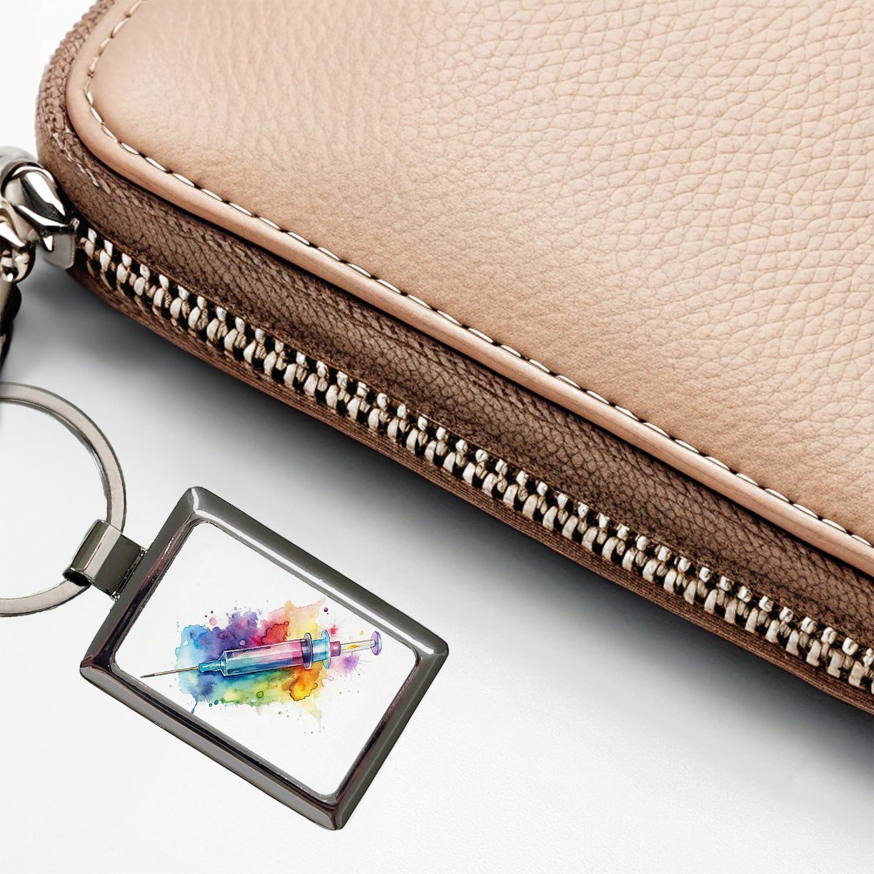 Syringe Shot Medical Vaccine Watercolor Rectangle Metal Keychain