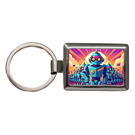 Vibrant Colored Sci-fi Robot Army Marching Rectangle Metal Keychain